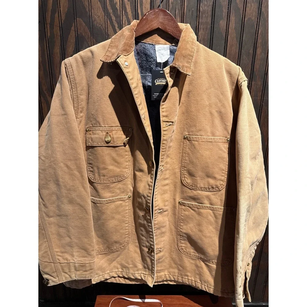 Vintage Carhartt Chore Coat Tan Duck Canvas Blanket Lined‎ Corduroy Collar Mens